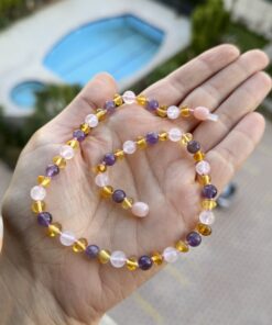 kehribar ametist pembe kuvars tasarım kolye